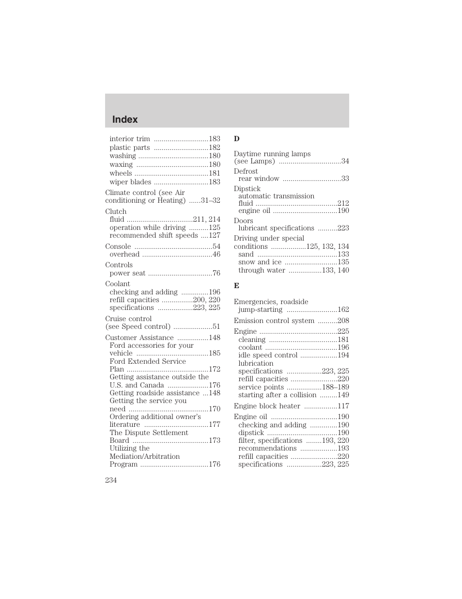 Index | FORD 2003 Escape v.3 User Manual | Page 234 / 240