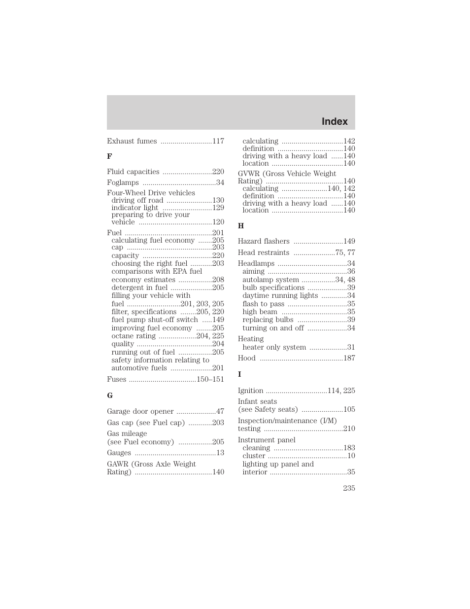 Index | FORD 2003 Escape v.3 User Manual | Page 235 / 240