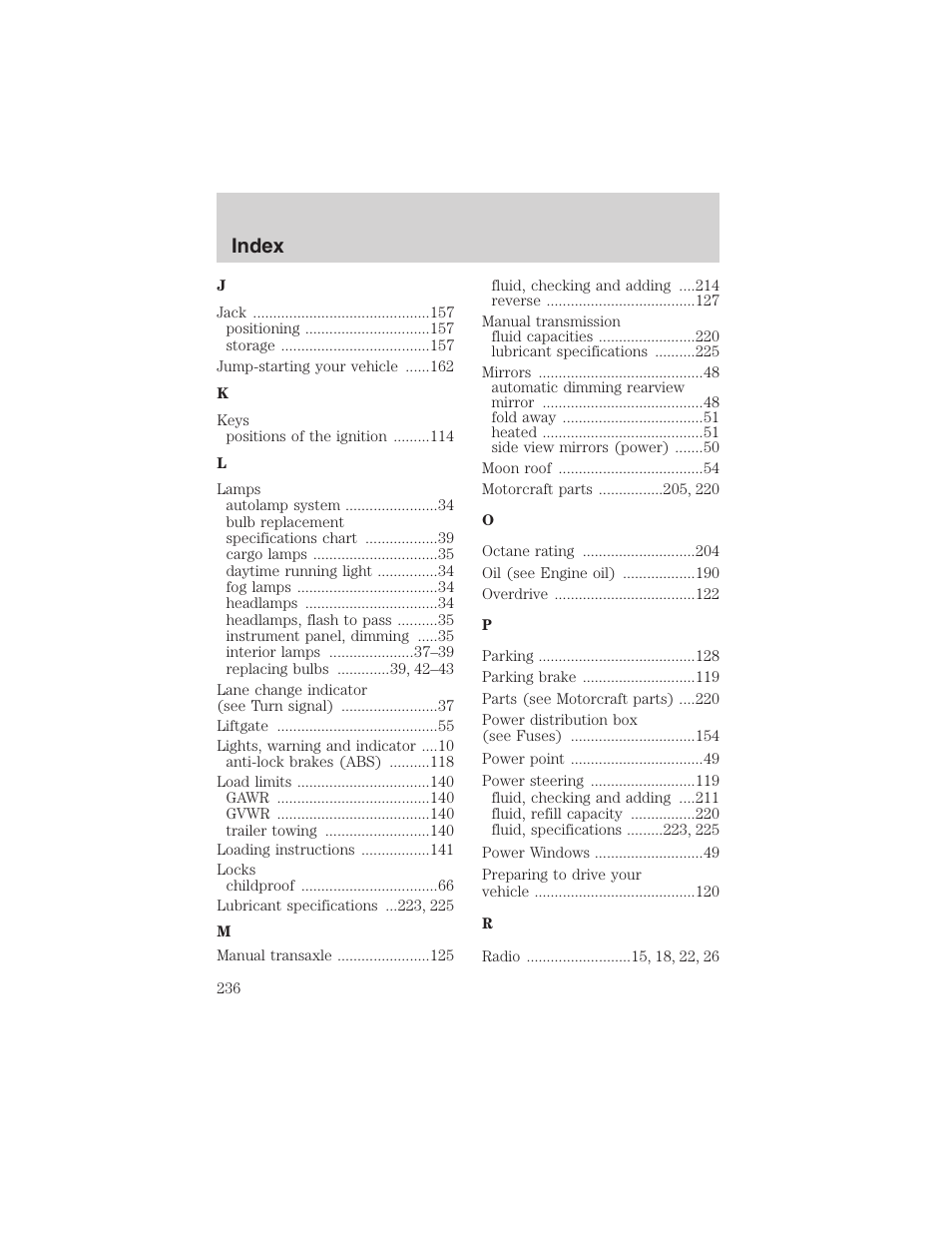 Index | FORD 2003 Escape v.3 User Manual | Page 236 / 240