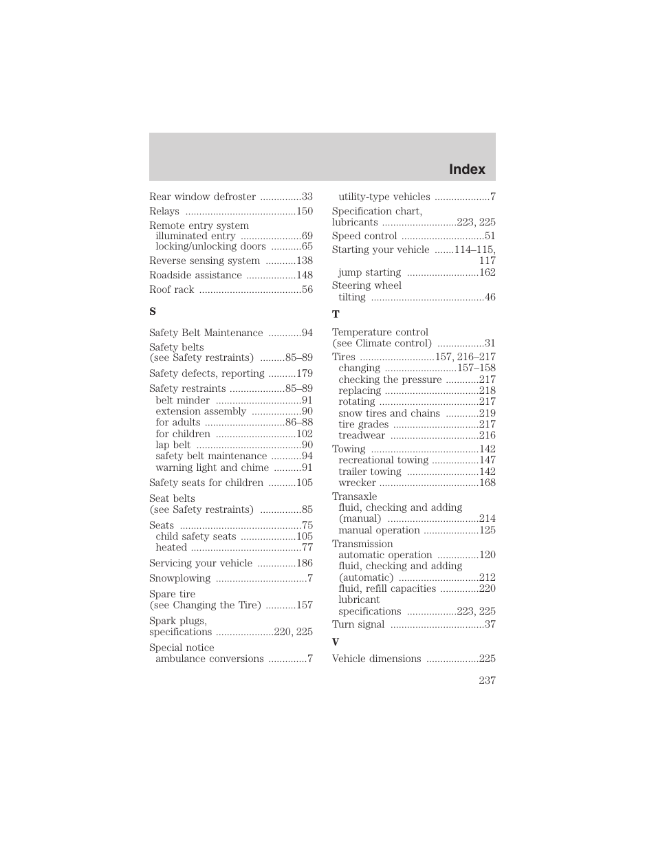 Index | FORD 2003 Escape v.3 User Manual | Page 237 / 240