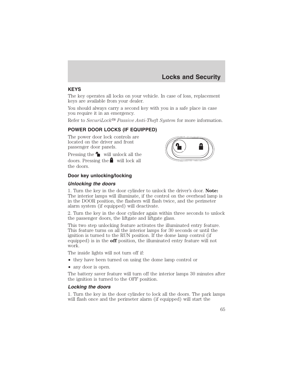 Locks and security | FORD 2003 Escape v.3 User Manual | Page 65 / 240