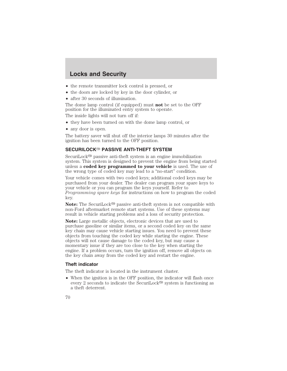 Locks and security | FORD 2003 Escape v.3 User Manual | Page 70 / 240