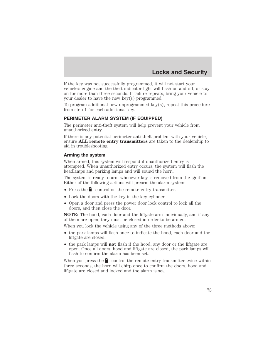 Locks and security | FORD 2003 Escape v.3 User Manual | Page 73 / 240