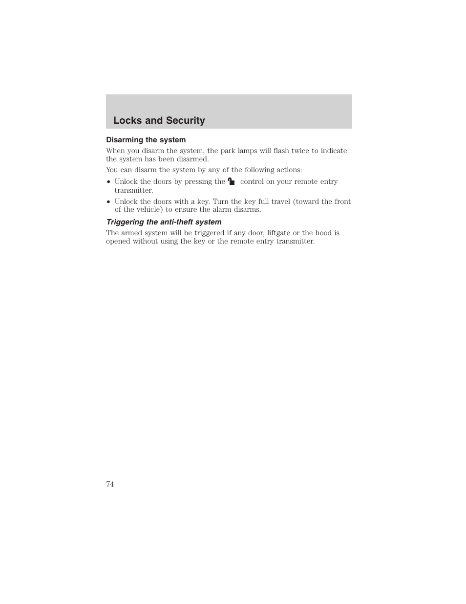 Locks and security | FORD 2003 Escape v.3 User Manual | Page 74 / 240