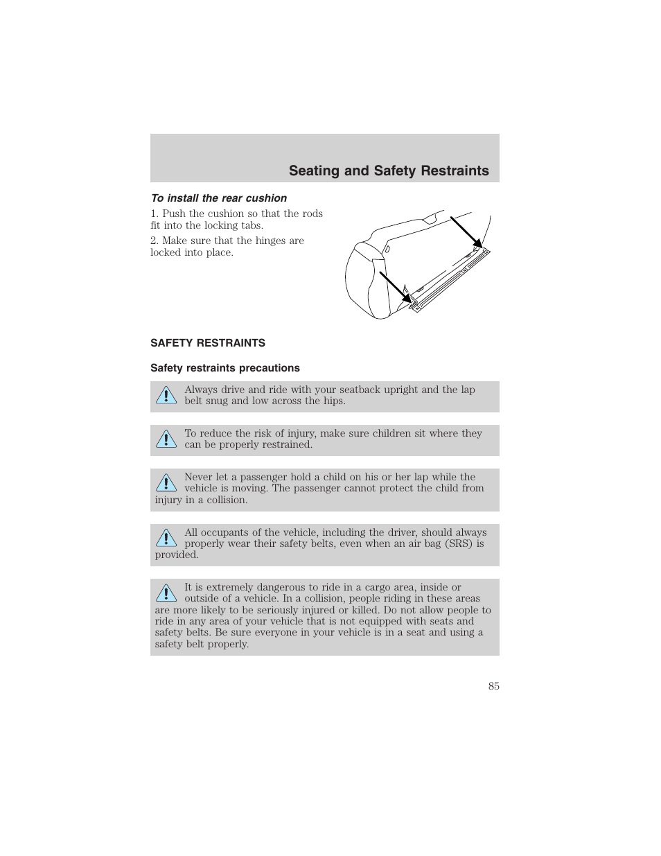 Seating and safety restraints | FORD 2003 Escape v.3 User Manual | Page 85 / 240