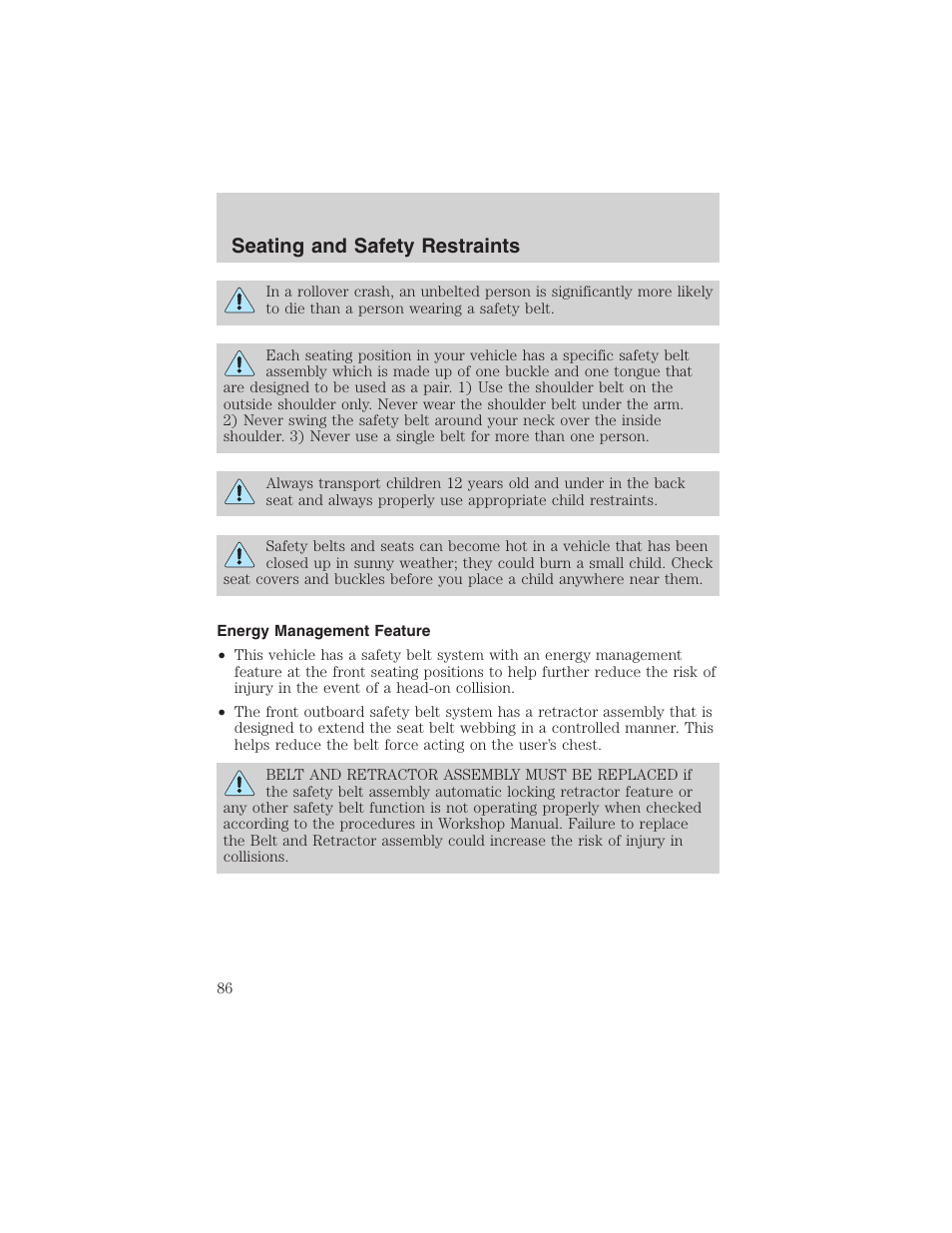 Seating and safety restraints | FORD 2003 Escape v.3 User Manual | Page 86 / 240
