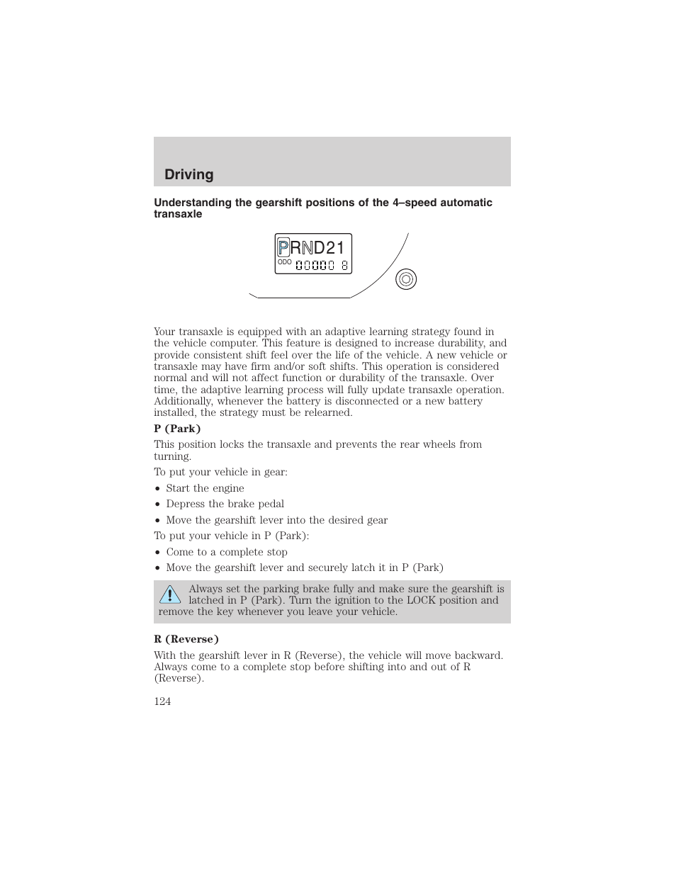 R d 2 1, Driving | FORD 2003 Escape v.4 User Manual | Page 124 / 240