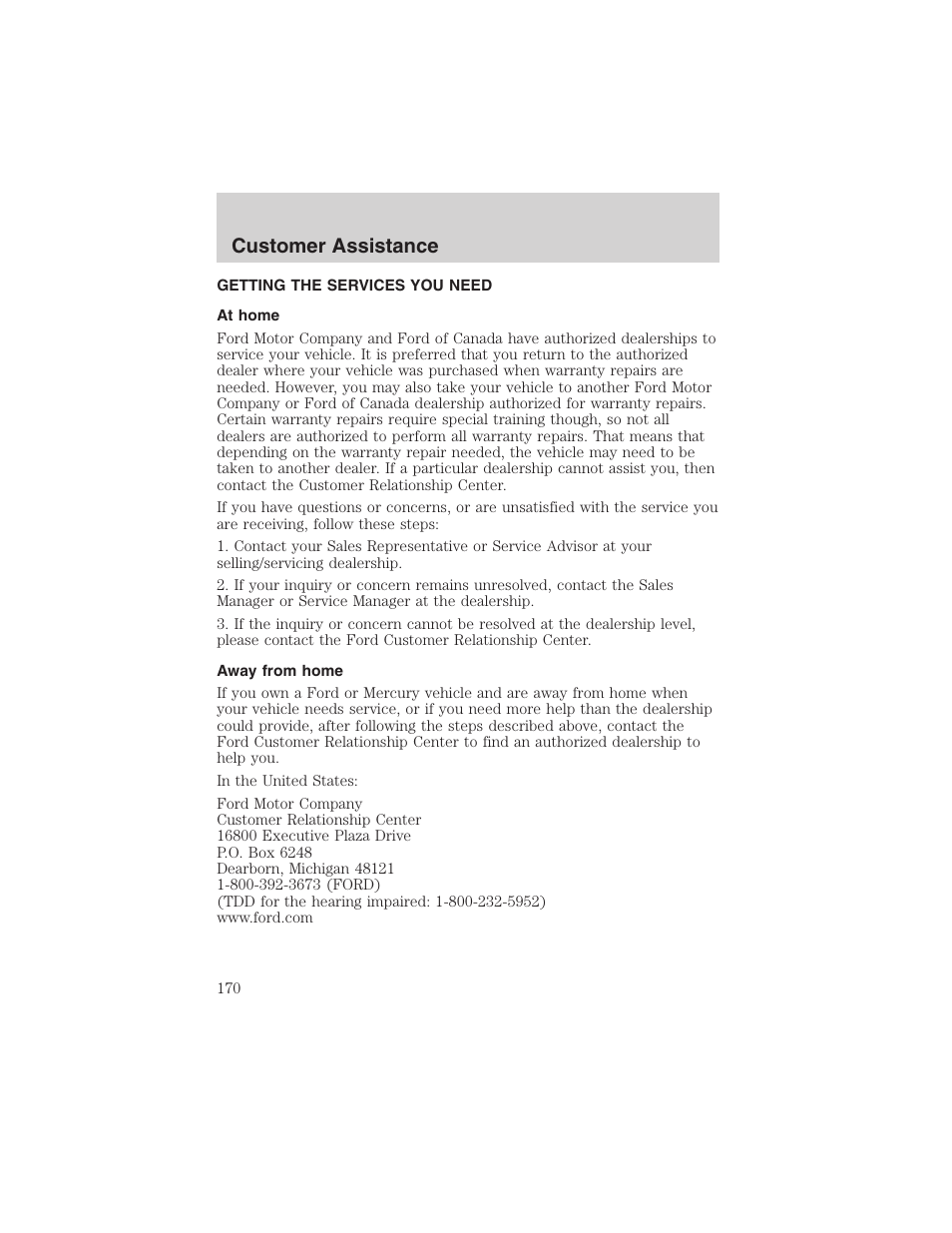 Customer assistance | FORD 2003 Escape v.4 User Manual | Page 170 / 240
