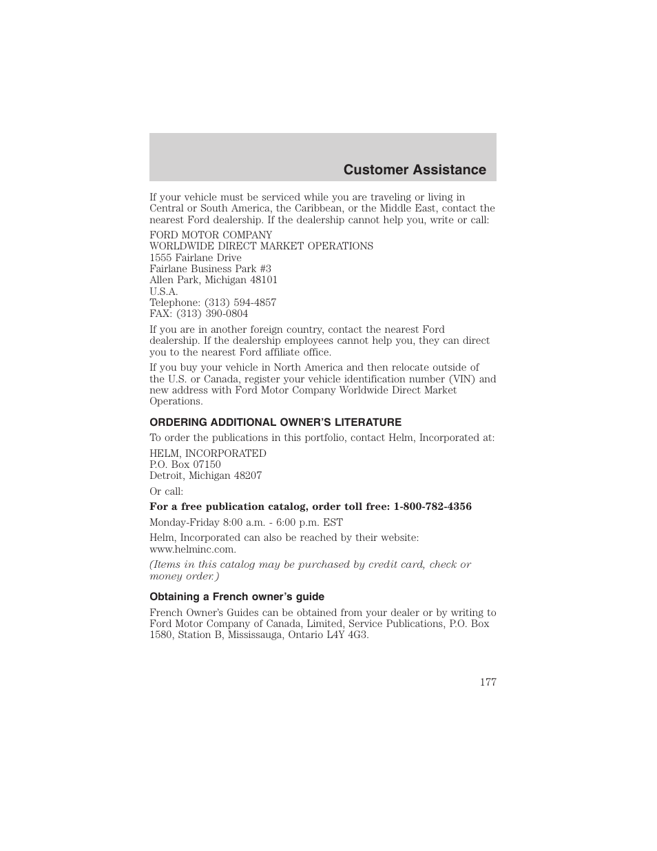 Customer assistance | FORD 2003 Escape v.4 User Manual | Page 177 / 240