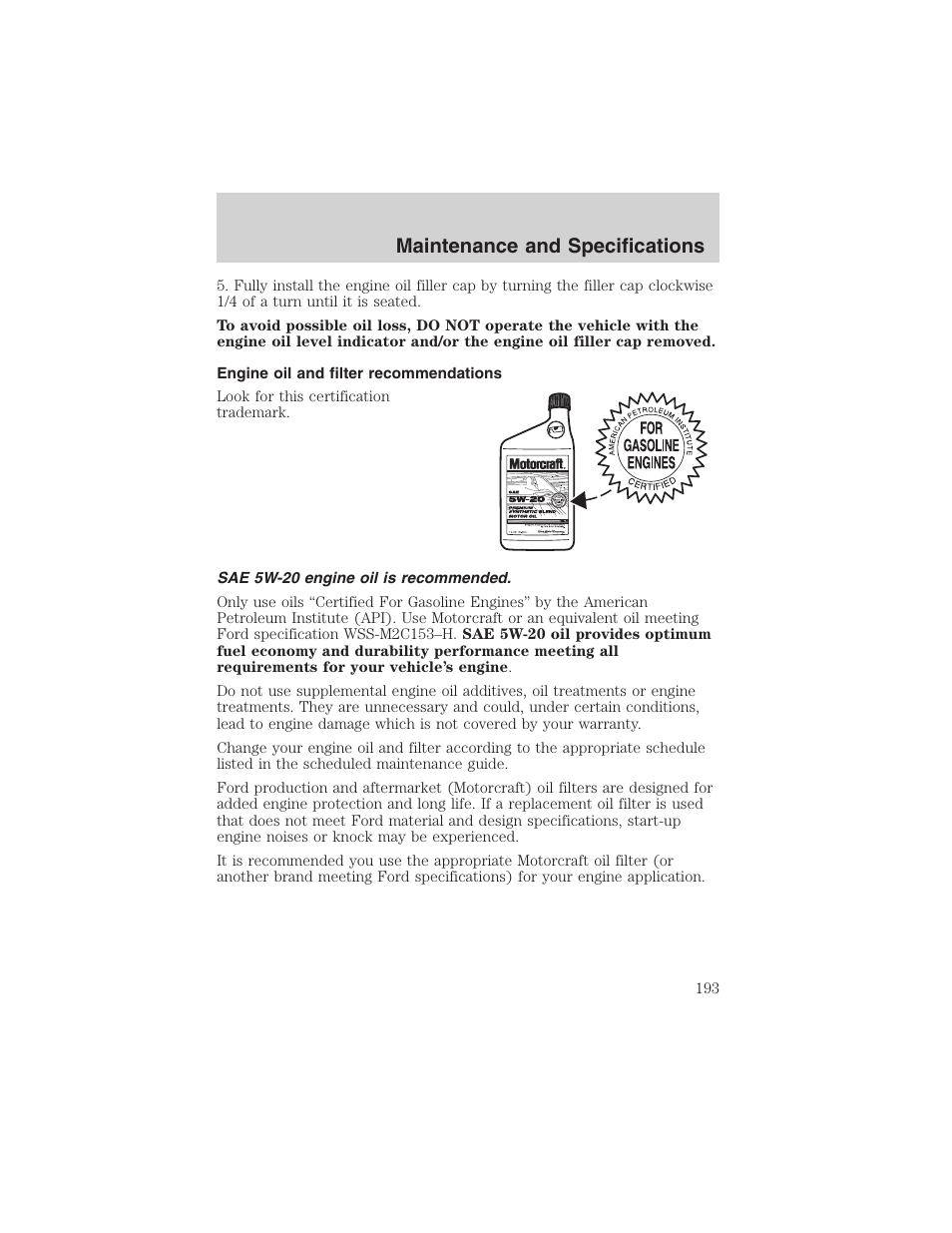 Maintenance and specifications | FORD 2003 Escape v.4 User Manual | Page 193 / 240