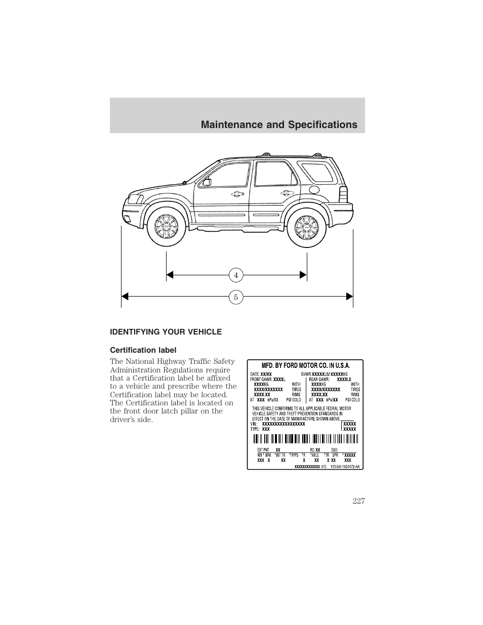 Maintenance and specifications | FORD 2003 Escape v.4 User Manual | Page 227 / 240