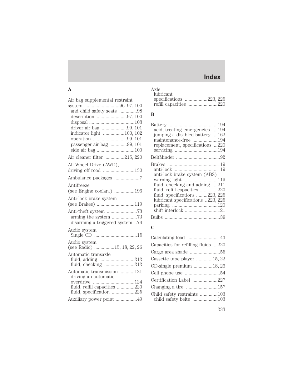 Index | FORD 2003 Escape v.4 User Manual | Page 233 / 240