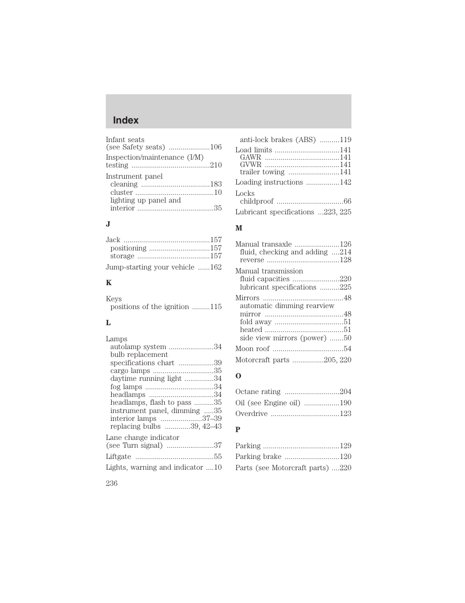 Index | FORD 2003 Escape v.4 User Manual | Page 236 / 240