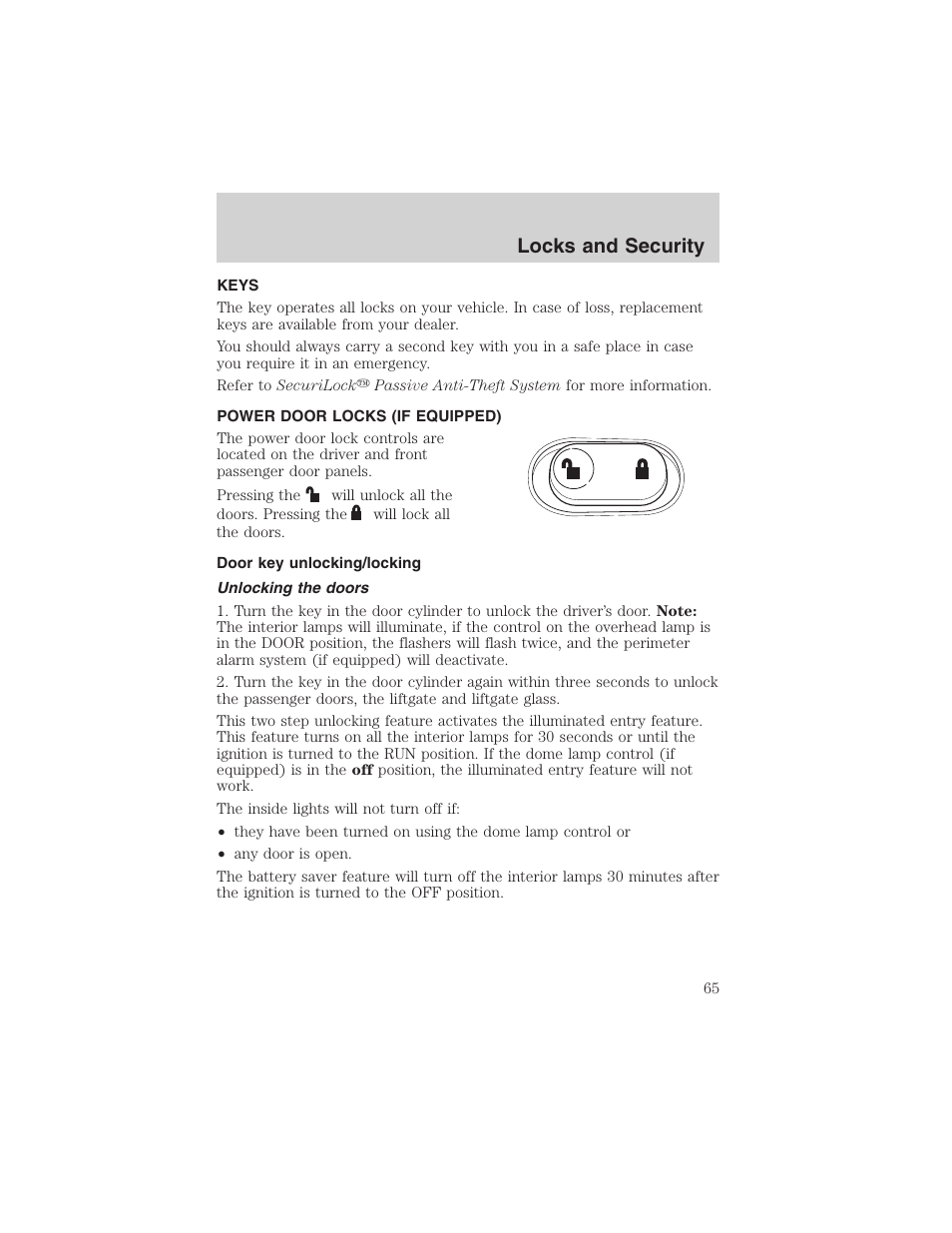 Locks and security | FORD 2003 Escape v.4 User Manual | Page 65 / 240