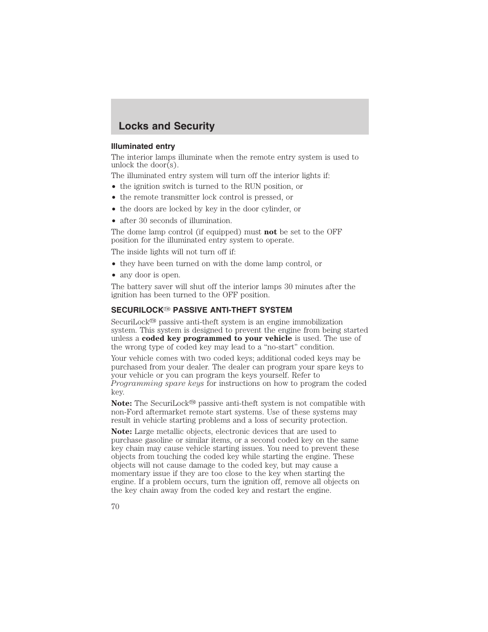 Locks and security | FORD 2003 Escape v.4 User Manual | Page 70 / 240