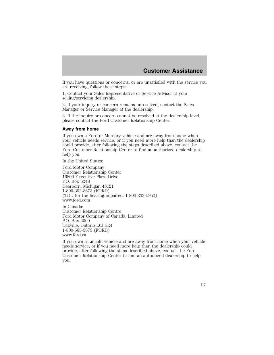 Customer assistance | FORD 2003 Escort User Manual | Page 121 / 184