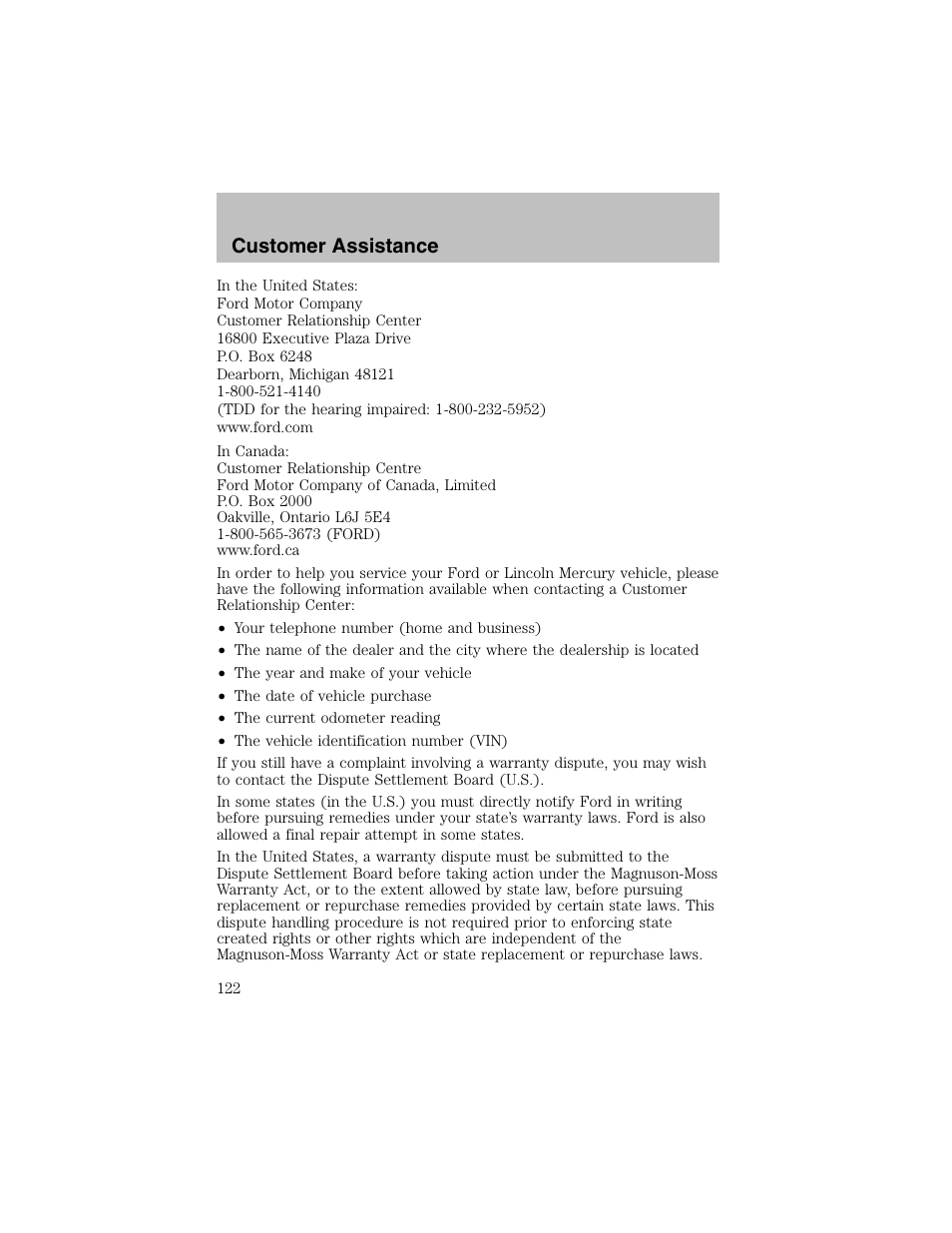 Customer assistance | FORD 2003 Escort User Manual | Page 122 / 184