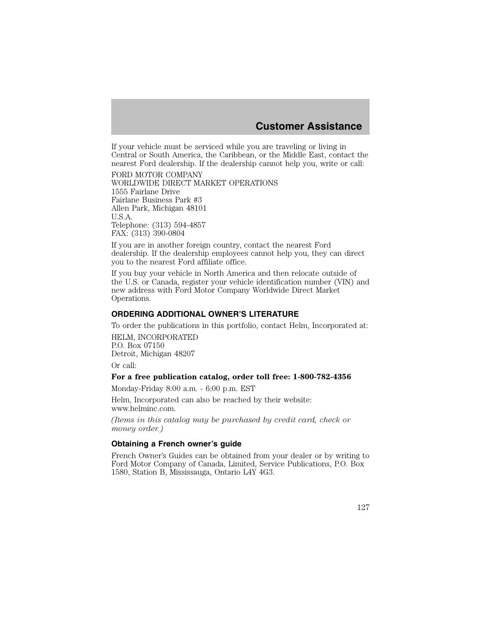 Customer assistance | FORD 2003 Escort User Manual | Page 127 / 184