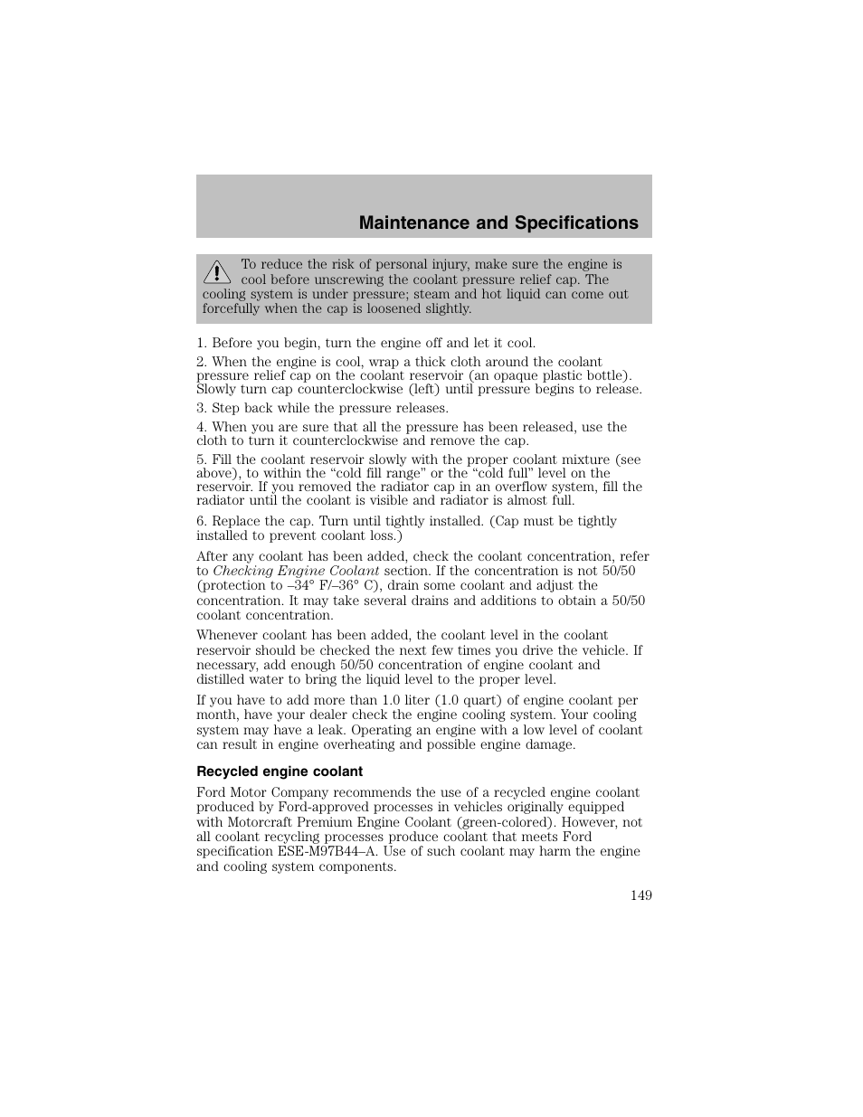 Maintenance and specifications | FORD 2003 Escort User Manual | Page 149 / 184