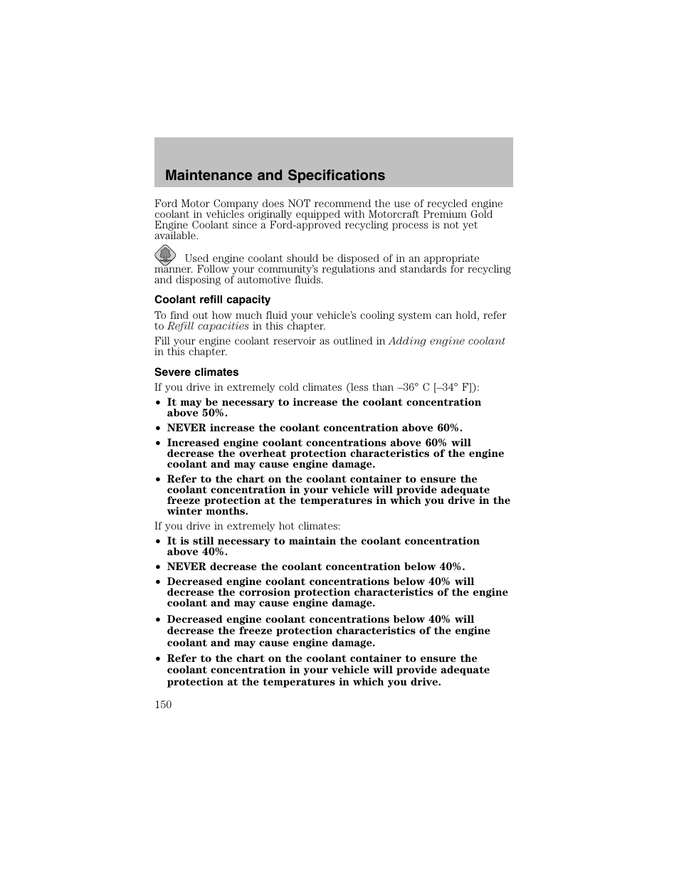 Maintenance and specifications | FORD 2003 Escort User Manual | Page 150 / 184