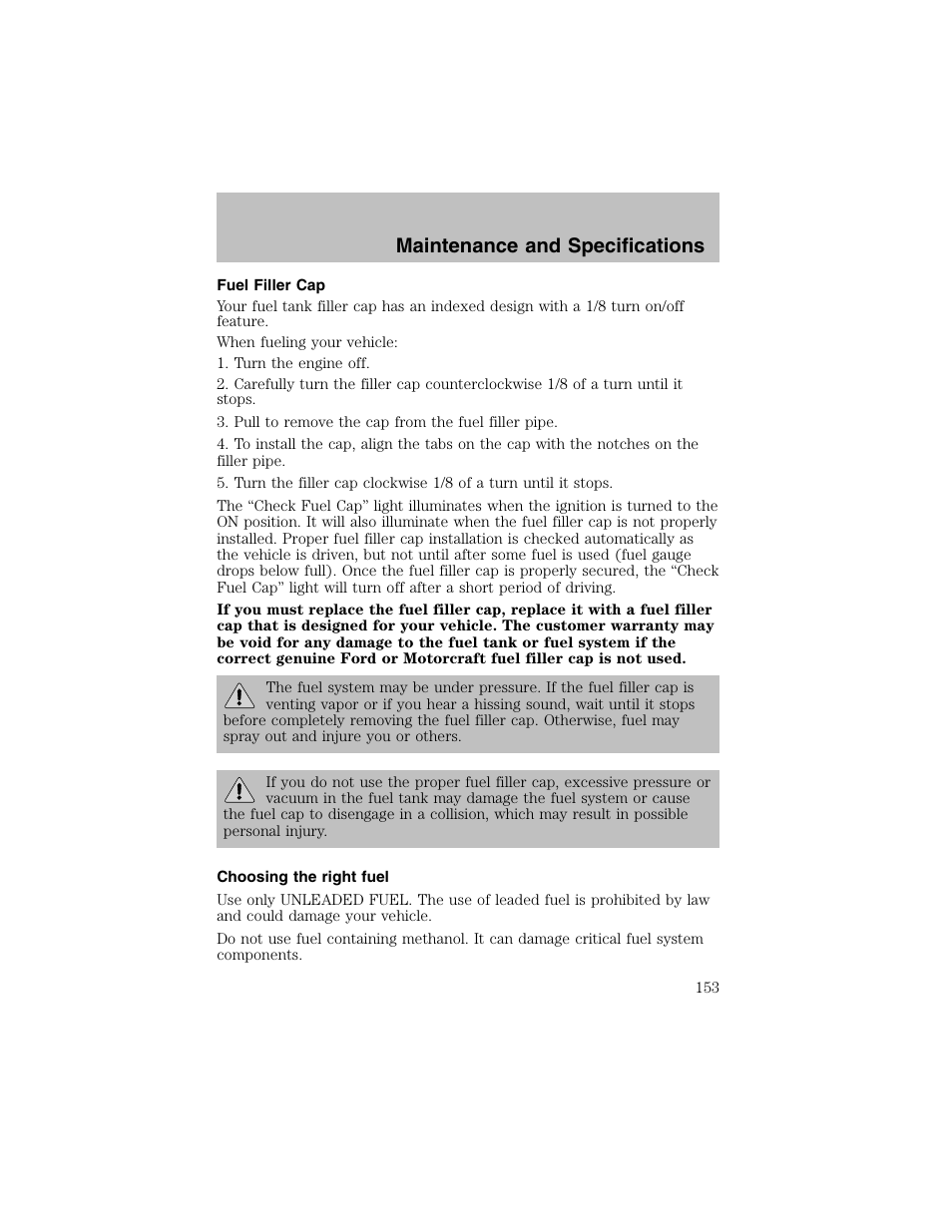 Maintenance and specifications | FORD 2003 Escort User Manual | Page 153 / 184