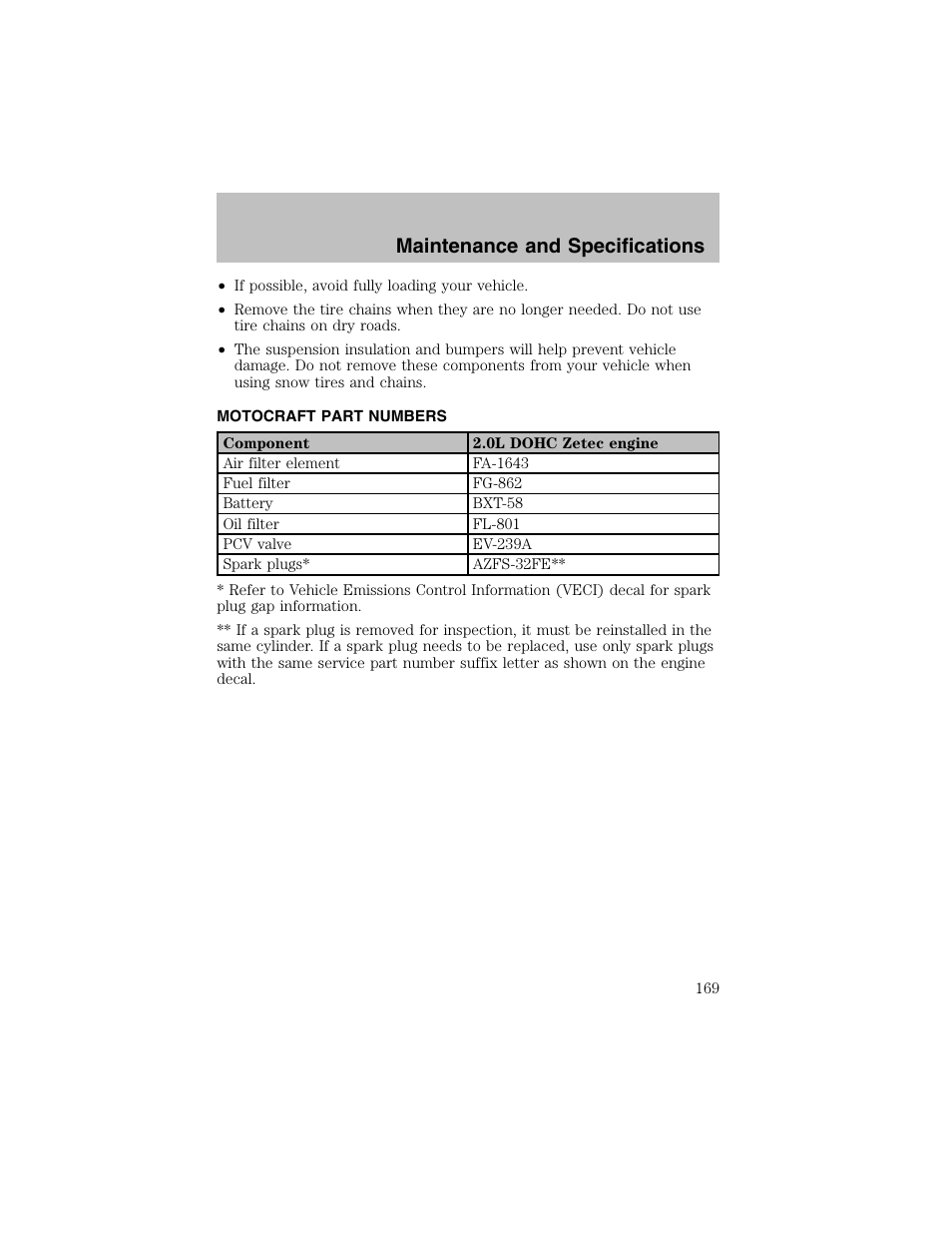 Maintenance and specifications | FORD 2003 Escort User Manual | Page 169 / 184