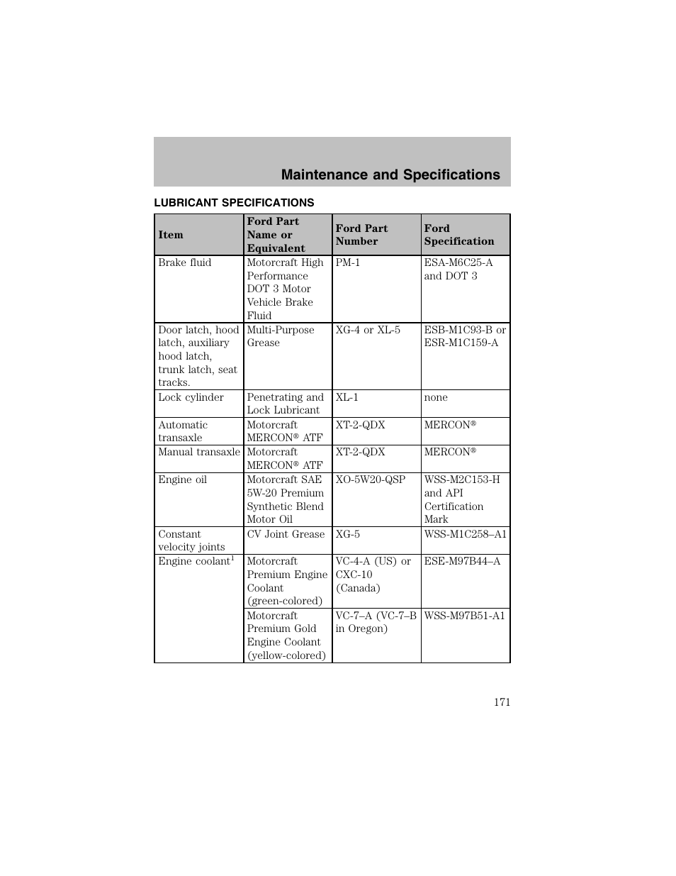 Maintenance and specifications | FORD 2003 Escort User Manual | Page 171 / 184