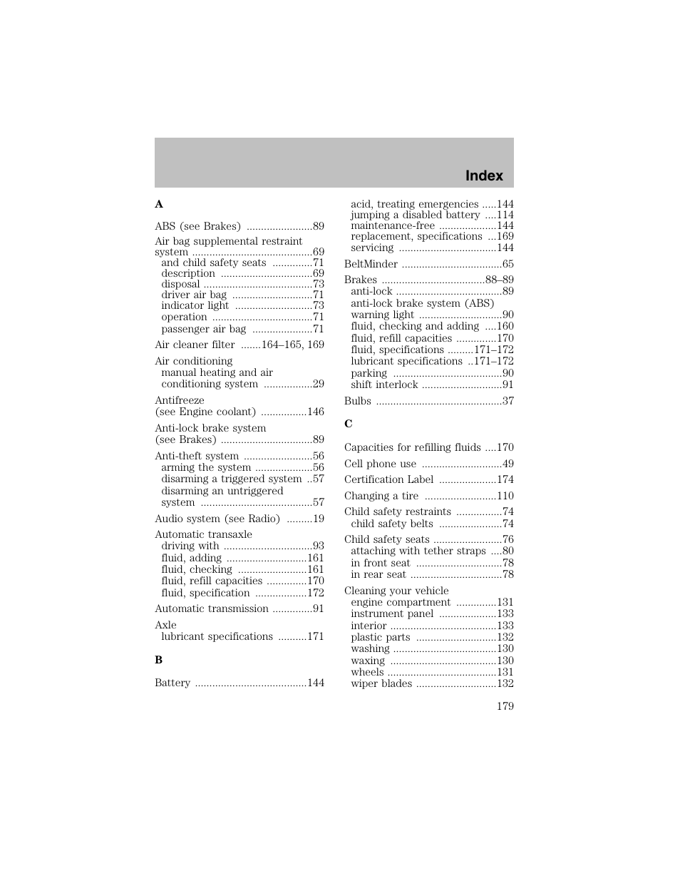 Index | FORD 2003 Escort User Manual | Page 179 / 184