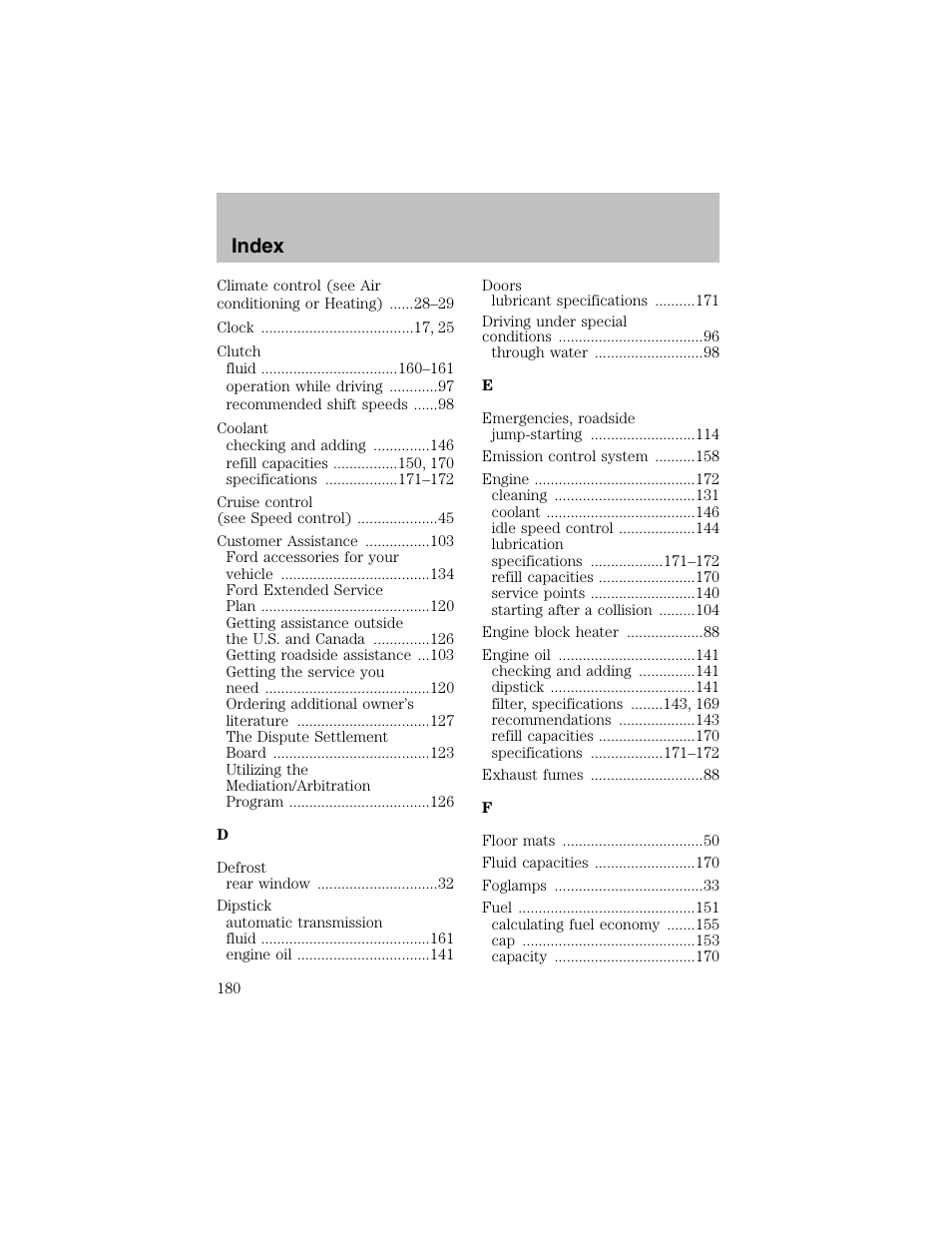 Index | FORD 2003 Escort User Manual | Page 180 / 184