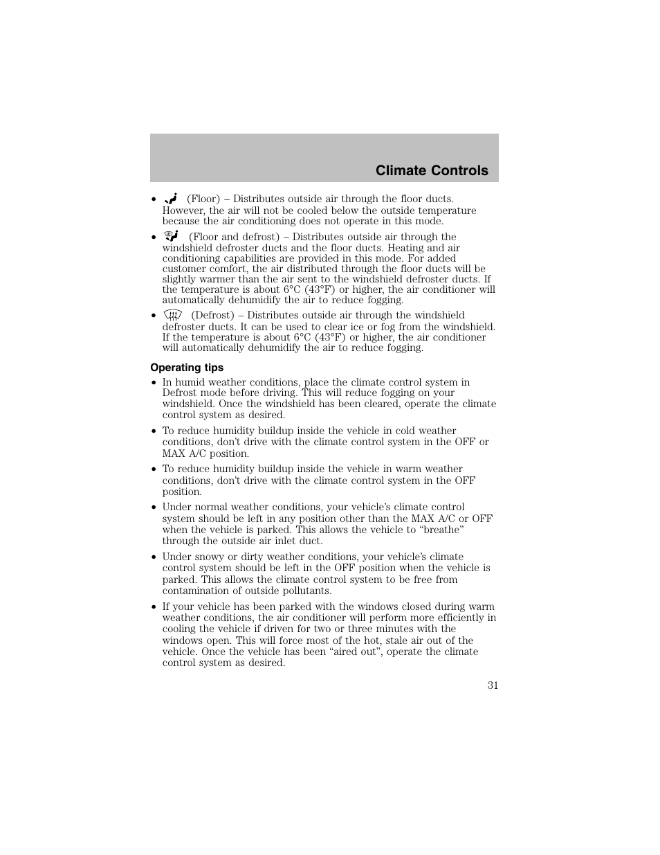 Climate controls | FORD 2003 Escort User Manual | Page 31 / 184