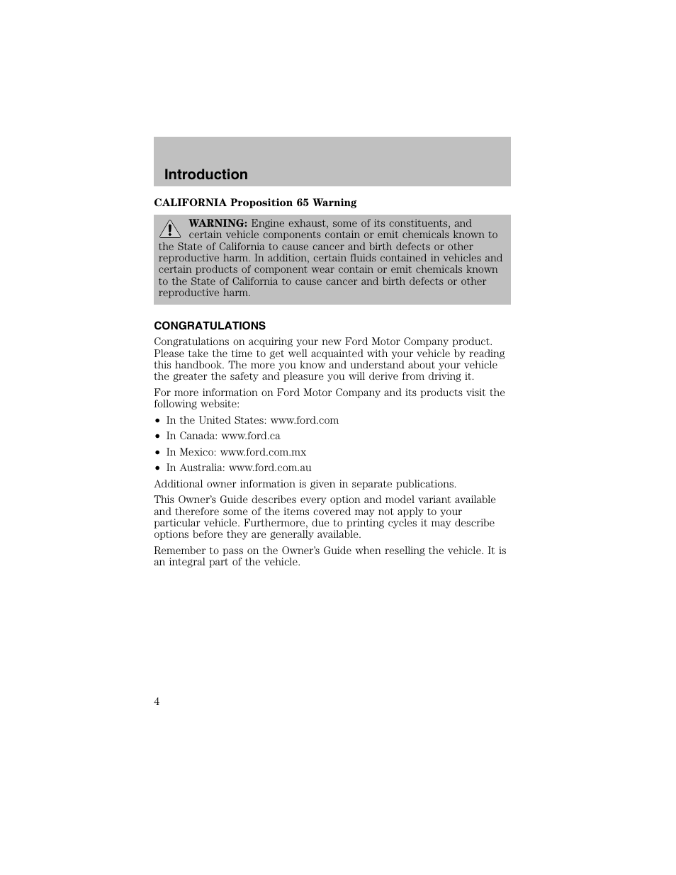Introduction | FORD 2003 Escort User Manual | Page 4 / 184