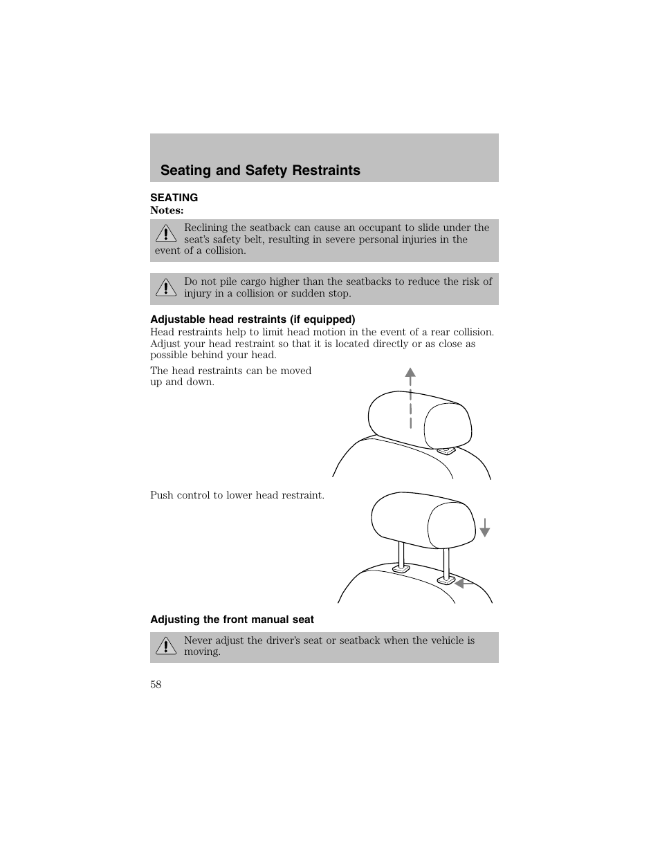 Seating and safety restraints | FORD 2003 Escort User Manual | Page 58 / 184