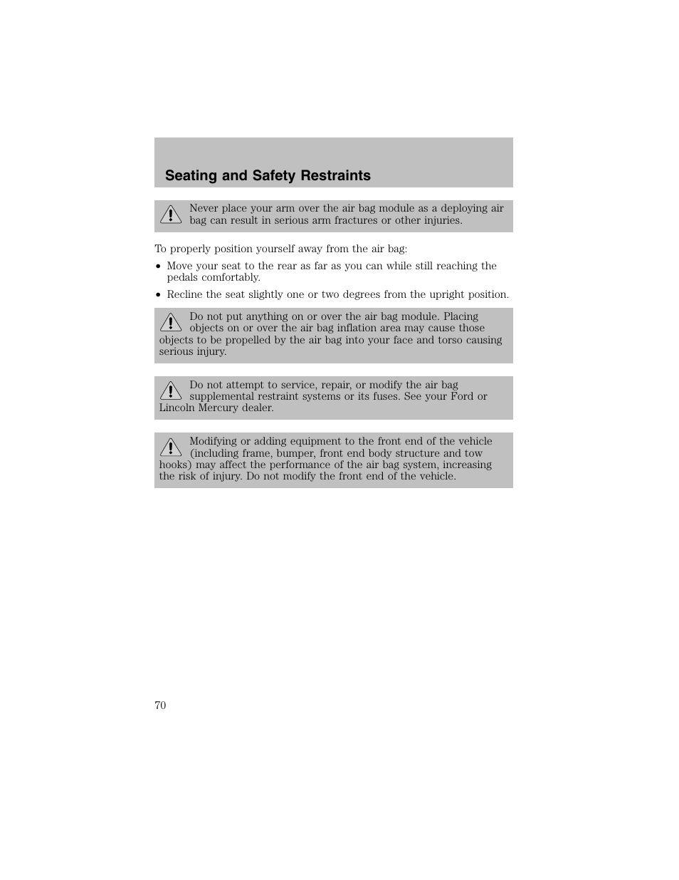 Seating and safety restraints | FORD 2003 Escort User Manual | Page 70 / 184