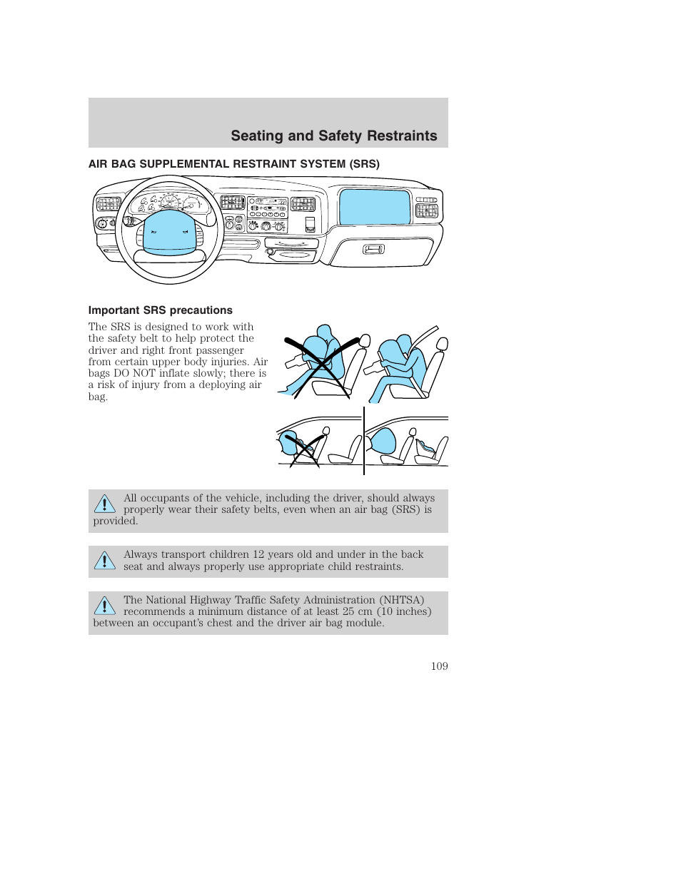 Seating and safety restraints, Dolby b nr, A/c max a/c off | FORD 2003 Excursion v.1 User Manual | Page 109 / 240