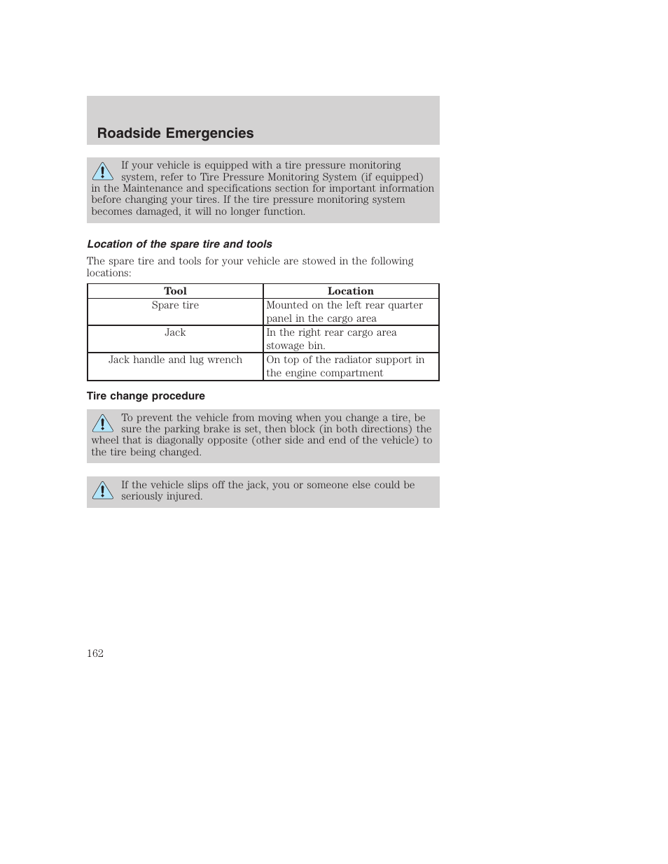 Roadside emergencies | FORD 2003 Excursion v.1 User Manual | Page 162 / 240