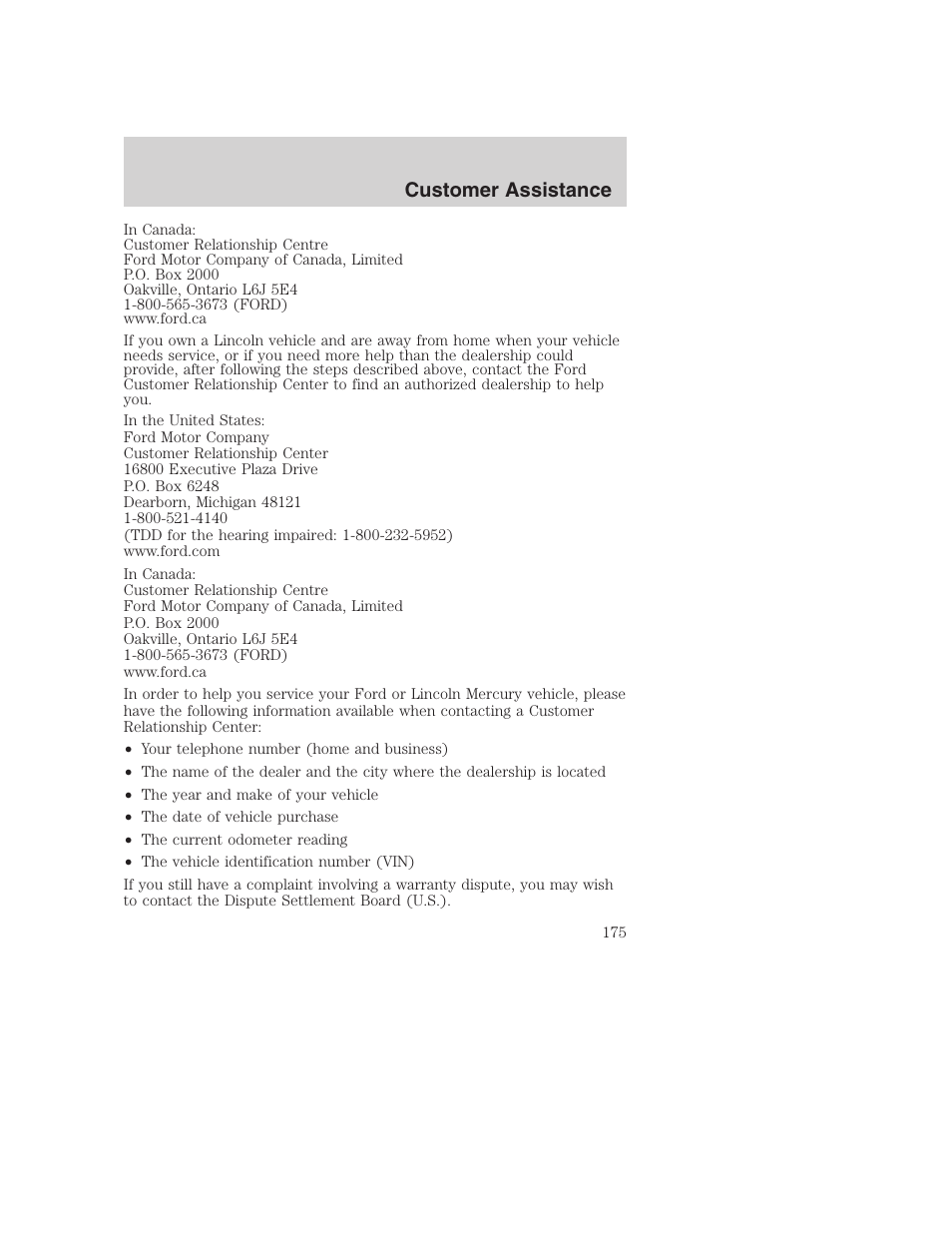Customer assistance | FORD 2003 Excursion v.1 User Manual | Page 175 / 240
