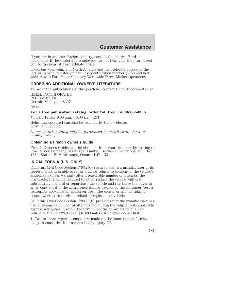 Customer assistance | FORD 2003 Excursion v.1 User Manual | Page 181 / 240