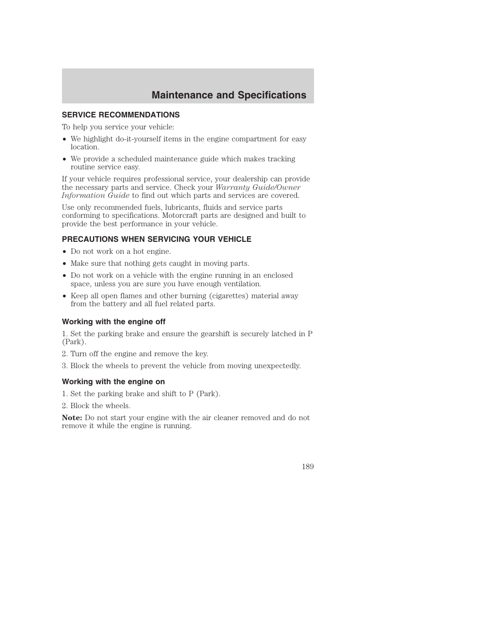 Maintenance and specifications | FORD 2003 Excursion v.1 User Manual | Page 189 / 240