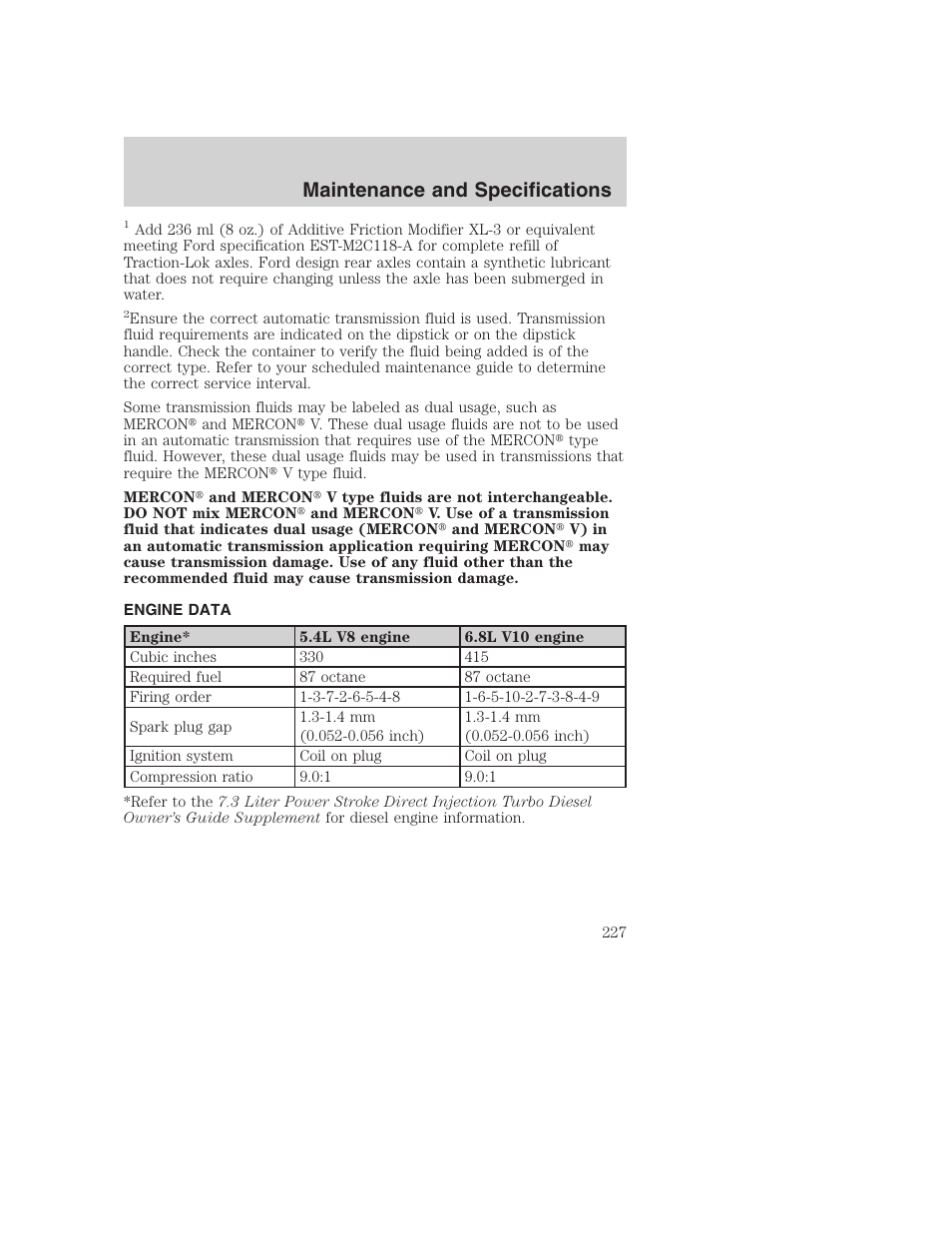 Maintenance and specifications | FORD 2003 Excursion v.1 User Manual | Page 227 / 240