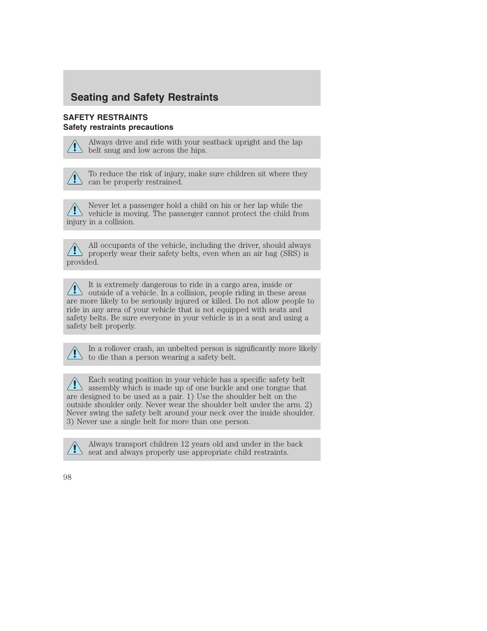 Seating and safety restraints | FORD 2003 Excursion v.1 User Manual | Page 98 / 240