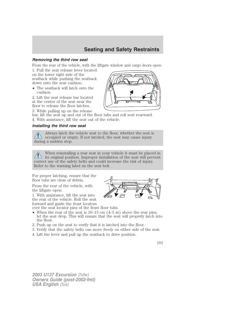 Seating and safety restraints | FORD 2003 Excursion v.3 User Manual | Page 101 / 256