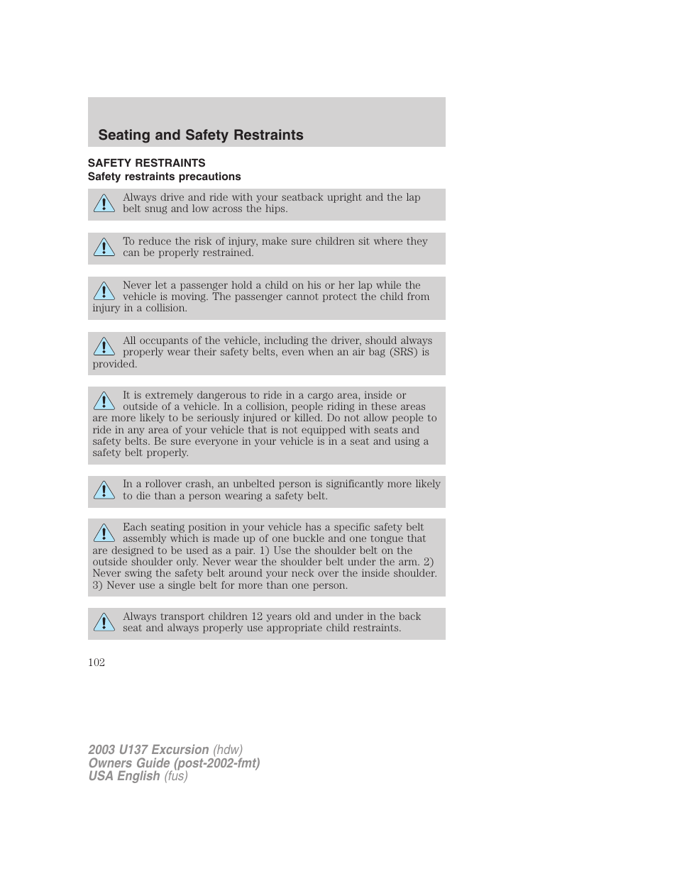 Seating and safety restraints | FORD 2003 Excursion v.3 User Manual | Page 102 / 256
