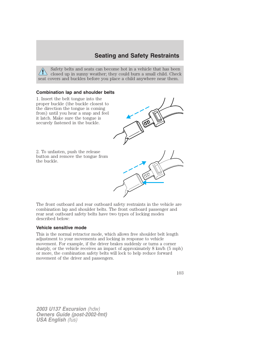 Seating and safety restraints | FORD 2003 Excursion v.3 User Manual | Page 103 / 256