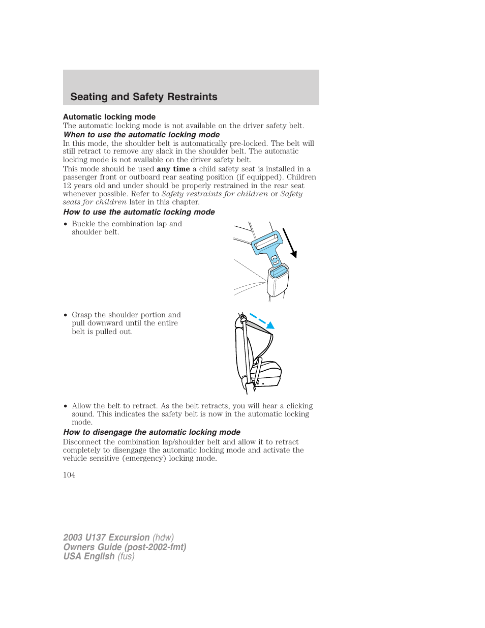 Seating and safety restraints | FORD 2003 Excursion v.3 User Manual | Page 104 / 256
