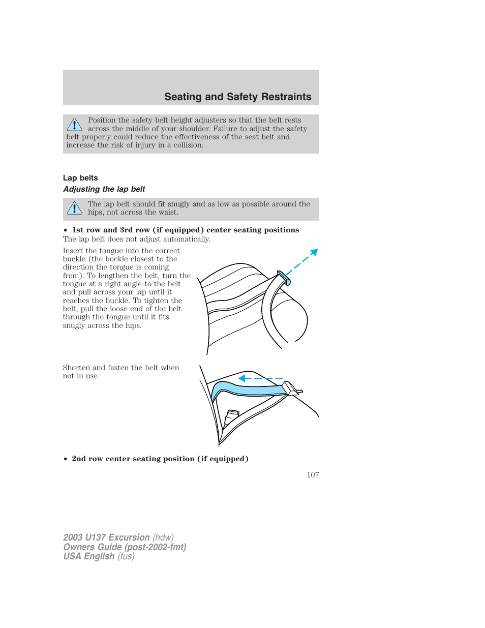 Seating and safety restraints | FORD 2003 Excursion v.3 User Manual | Page 107 / 256