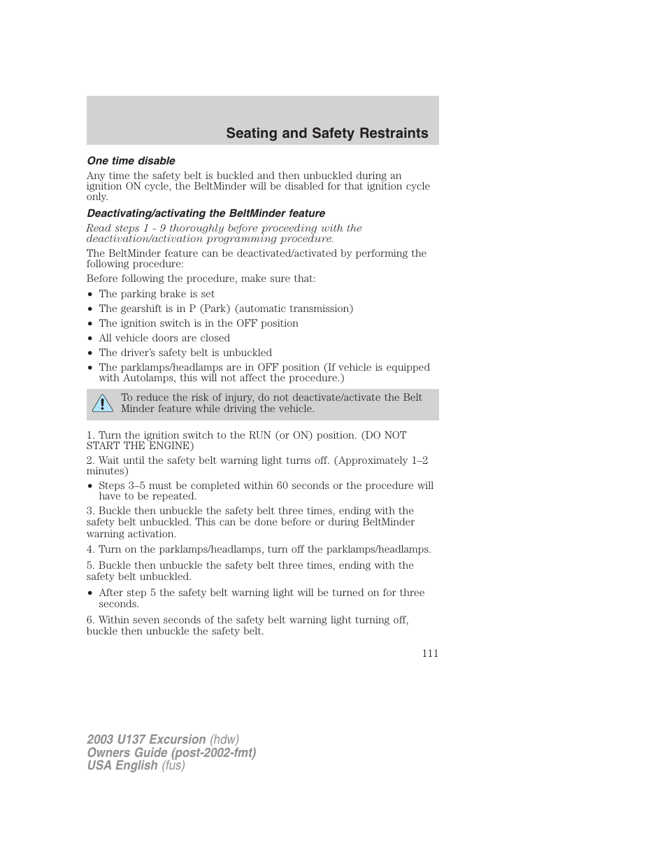 Seating and safety restraints | FORD 2003 Excursion v.3 User Manual | Page 111 / 256