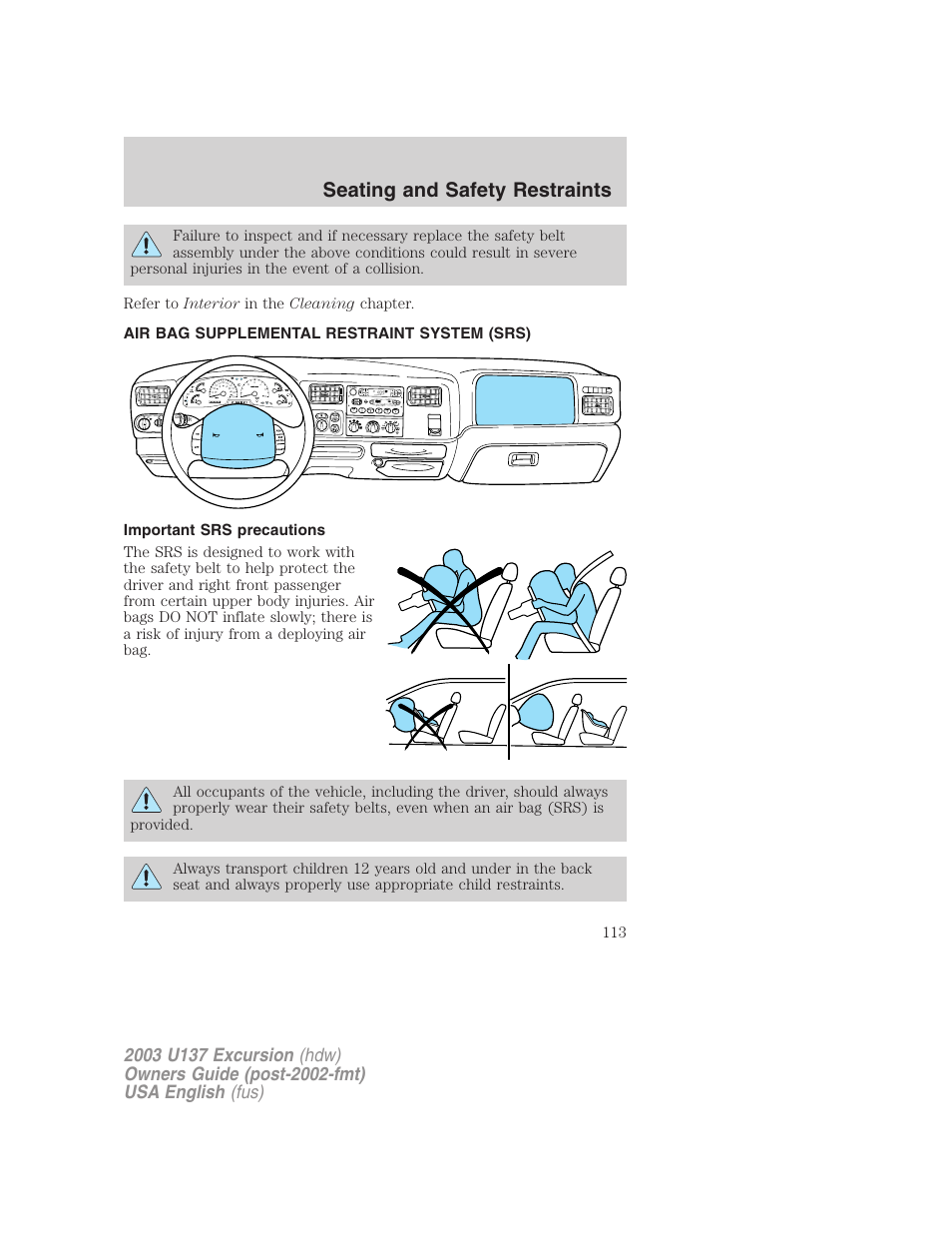 Seating and safety restraints | FORD 2003 Excursion v.3 User Manual | Page 113 / 256