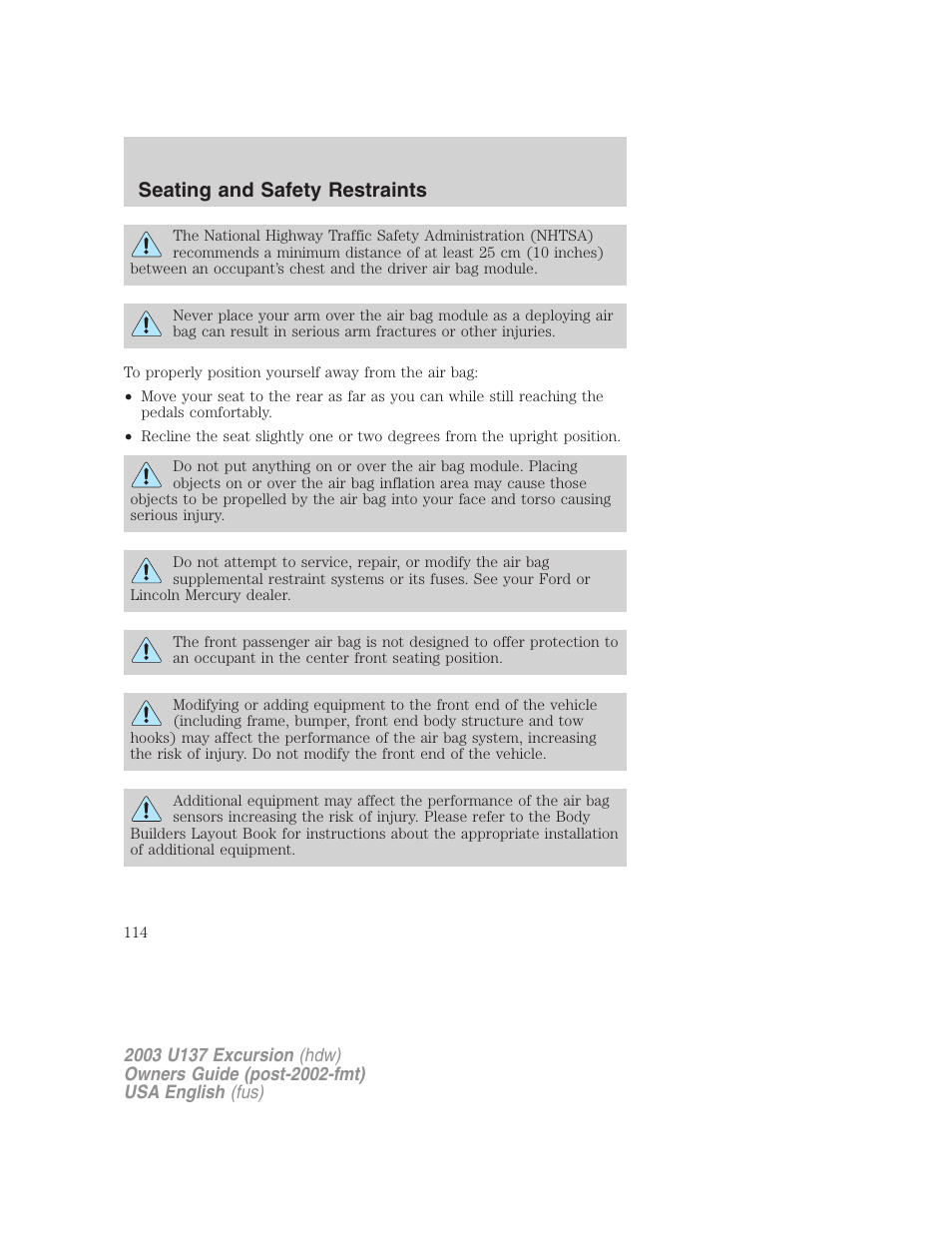 Seating and safety restraints | FORD 2003 Excursion v.3 User Manual | Page 114 / 256