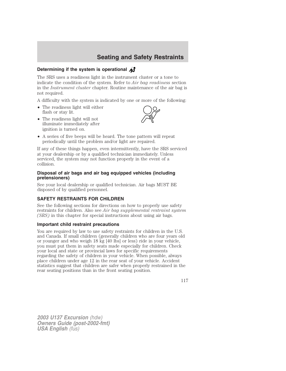 Seating and safety restraints | FORD 2003 Excursion v.3 User Manual | Page 117 / 256