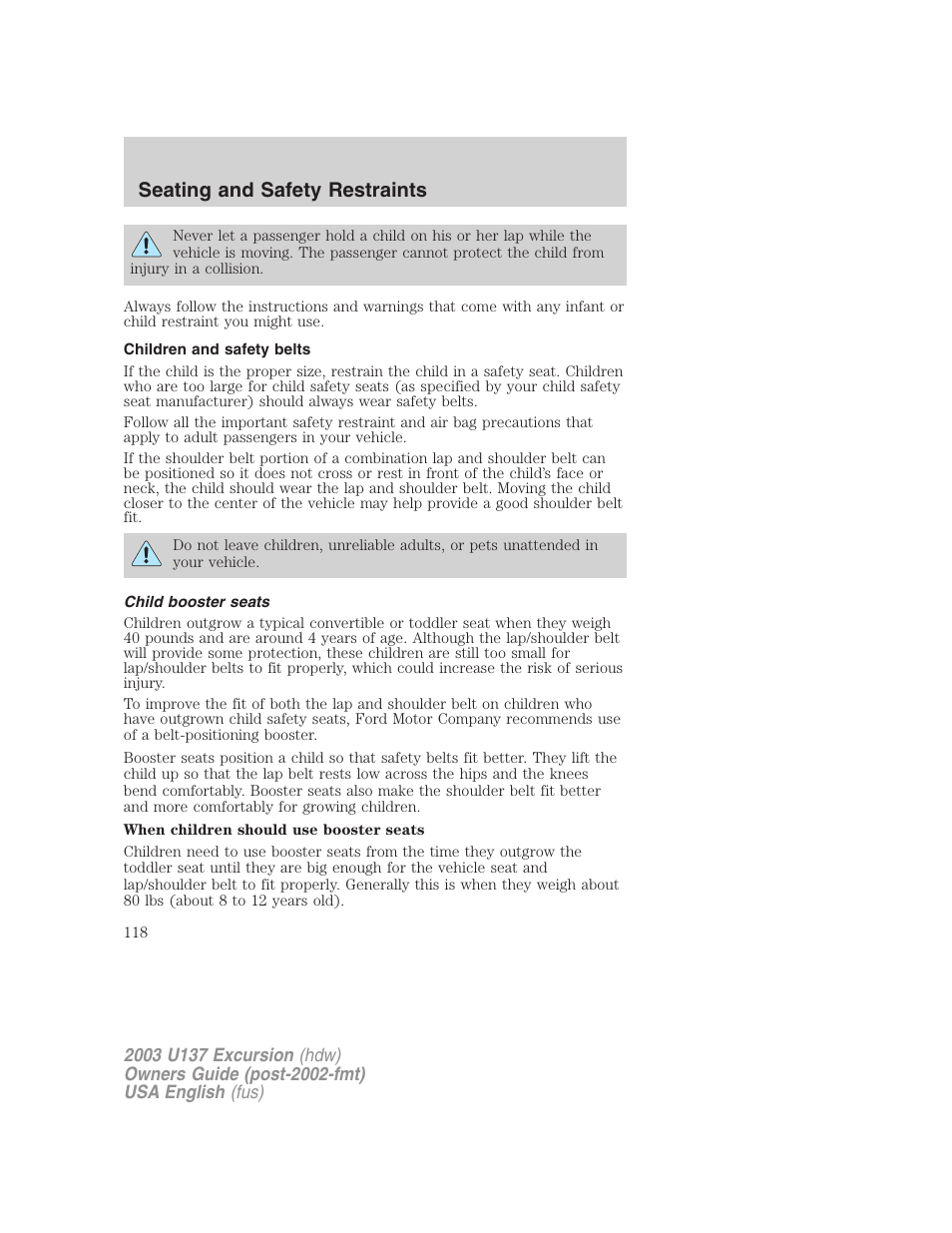 Seating and safety restraints | FORD 2003 Excursion v.3 User Manual | Page 118 / 256